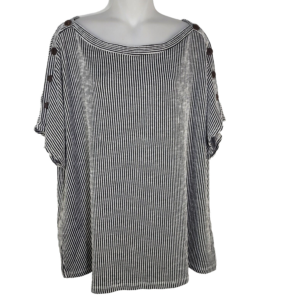 W5 Womens Top 2X Black White Striped Button Shoulder Boat Neck Short Sleeve Boxy